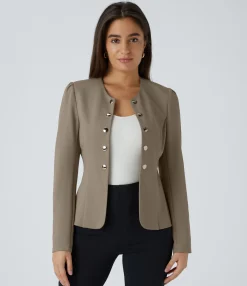 Work Tops|Jackets & Outerwear<HALARA Round Neck Long Sleeve Decorative Slim Work Jacket