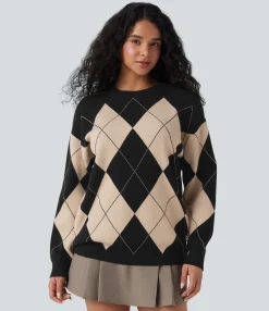 Sweaters<HALARA Round Neck Long Sleeve Diamond Check Work Sweater