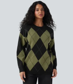 Sweaters<HALARA Round Neck Long Sleeve Diamond Check Work Sweater