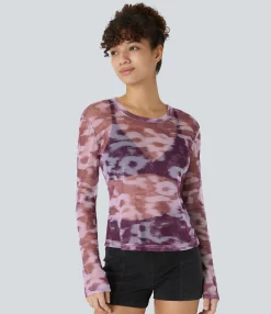 Casual Tops<HALARA Round Neck Long Sleeve Floral Print Slim Sheer Mesh Casual Top