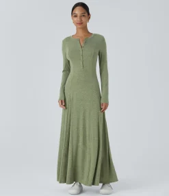 Maxi & Midi Dresses|Dresses<HALARA Round Neck Long Sleeve Flare Maxi Casual Dress
