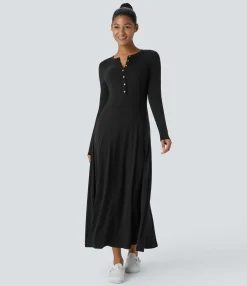 Maxi & Midi Dresses|Dresses<HALARA Round Neck Long Sleeve Flare Maxi Casual Dress