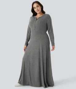 Plus Size<HALARA Round Neck Long Sleeve Flare Maxi Casual Plus Size Dress