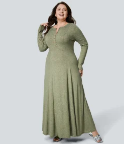 Plus Size<HALARA Round Neck Long Sleeve Flare Maxi Casual Plus Size Dress