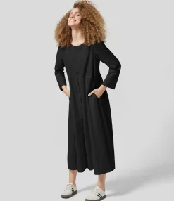 Dresses|Maxi & Midi Dresses<HALARA Round Neck Long Sleeve Pocket Solid Relaxed Midi Casual Linen-Feel Dress
