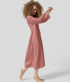 Dresses|Maxi & Midi Dresses<HALARA Round Neck Long Sleeve Pocket Solid Relaxed Midi Casual Linen-Feel Dress