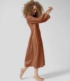 Dresses|Maxi & Midi Dresses<HALARA Round Neck Long Sleeve Pocket Solid Relaxed Midi Casual Linen-Feel Dress