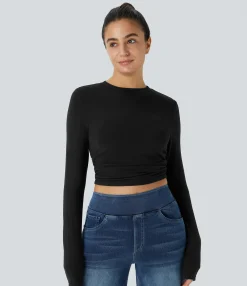 Casual Tops<HALARA Round Neck Long Sleeve Ruched Skinny Cropped Casual Top