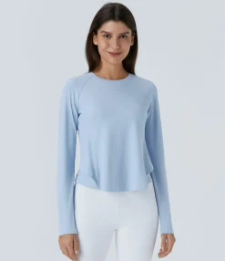 Sports Tops|Sports Tops<HALARA Round Neck Long Sleeve Ruffle Hem Running Sports Top