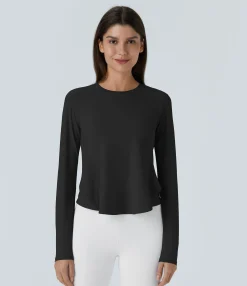 Sports Tops|Sports Tops<HALARA Round Neck Long Sleeve Ruffle Hem Running Sports Top