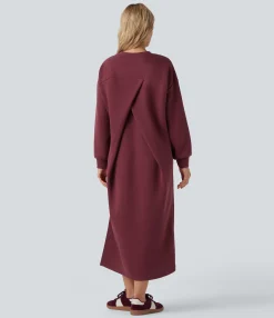 Maxi & Midi Dresses|Dresses<HALARA Round Neck Long Sleeve Split Maxi Casual Sweatshirt Dress with Pockets