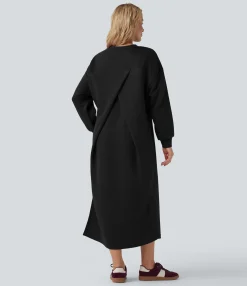 Maxi & Midi Dresses|Dresses<HALARA Round Neck Long Sleeve Split Maxi Casual Sweatshirt Dress with Pockets