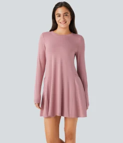 Dresses|Mini Dresses<HALARA Round Neck Long Sleeve Thumb Hole Pocket Draped Mini Casual Dress
