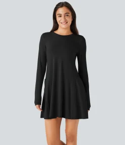 Dresses|Mini Dresses<HALARA Round Neck Long Sleeve Thumb Hole Pocket Draped Mini Casual Dress