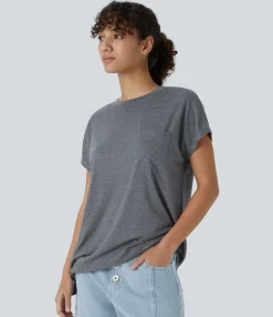 Casual Tops|T-Shirts<HALARA Round Neck Pocket Hem Relax Casual T-Shirt