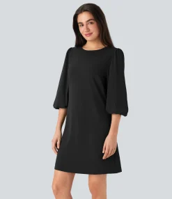 Mini Dresses|Dresses<HALARA Round Neck Puff Sleeve Mini Work Linen-Feel Dress
