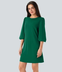 Mini Dresses|Dresses<HALARA Round Neck Puff Sleeve Mini Work Linen-Feel Dress