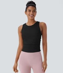 Yoga Tops|Tank Tops & Camis<HALARA Round Neck Racerback Ruched Yoga Tank Top