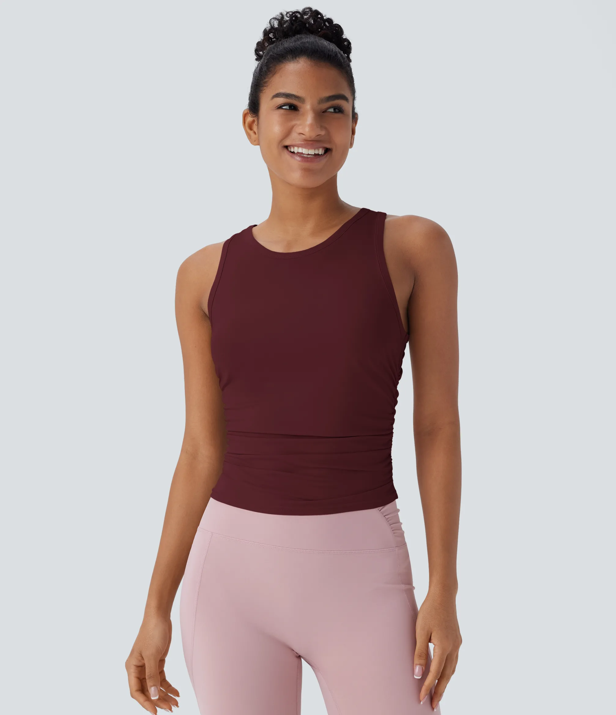 Yoga Tops|Tank Tops & Camis<HALARA Round Neck Racerback Ruched Yoga Tank Top