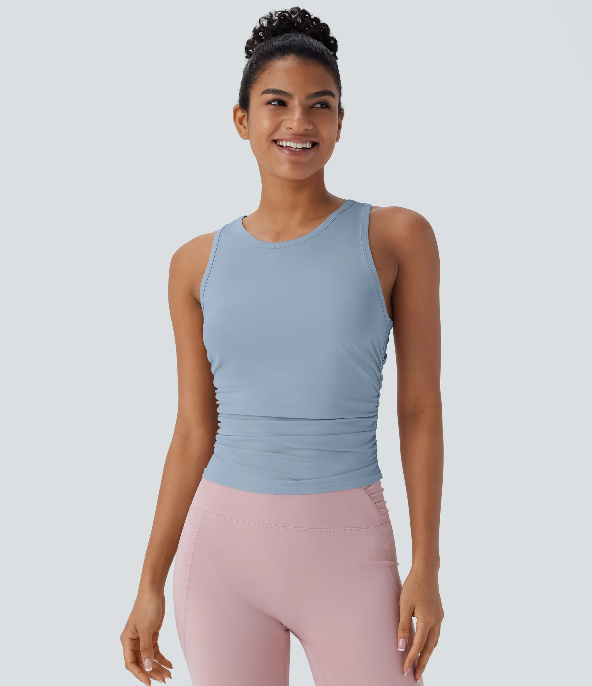 Yoga Tops|Tank Tops & Camis<HALARA Round Neck Racerback Ruched Yoga Tank Top