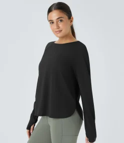Sports Tops|Sports Tops<HALARA Round Neck Raglan Sleeve Thumb Hole Curved Hem Hiking Sports Top