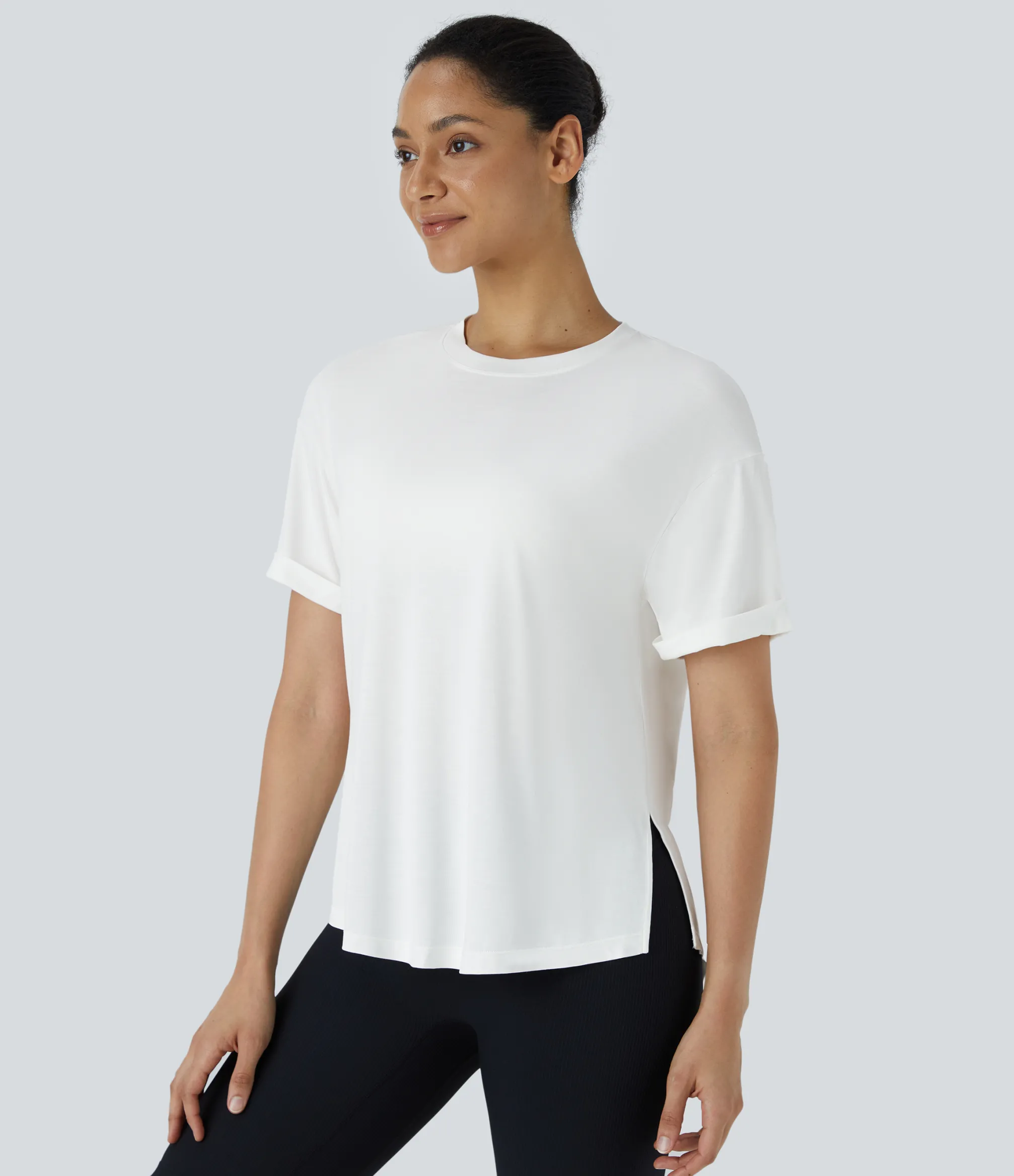Yoga Tops|Sports Tops<HALARA Round Neck Rolled Sleeve Curved Hem Yoga Sports Top