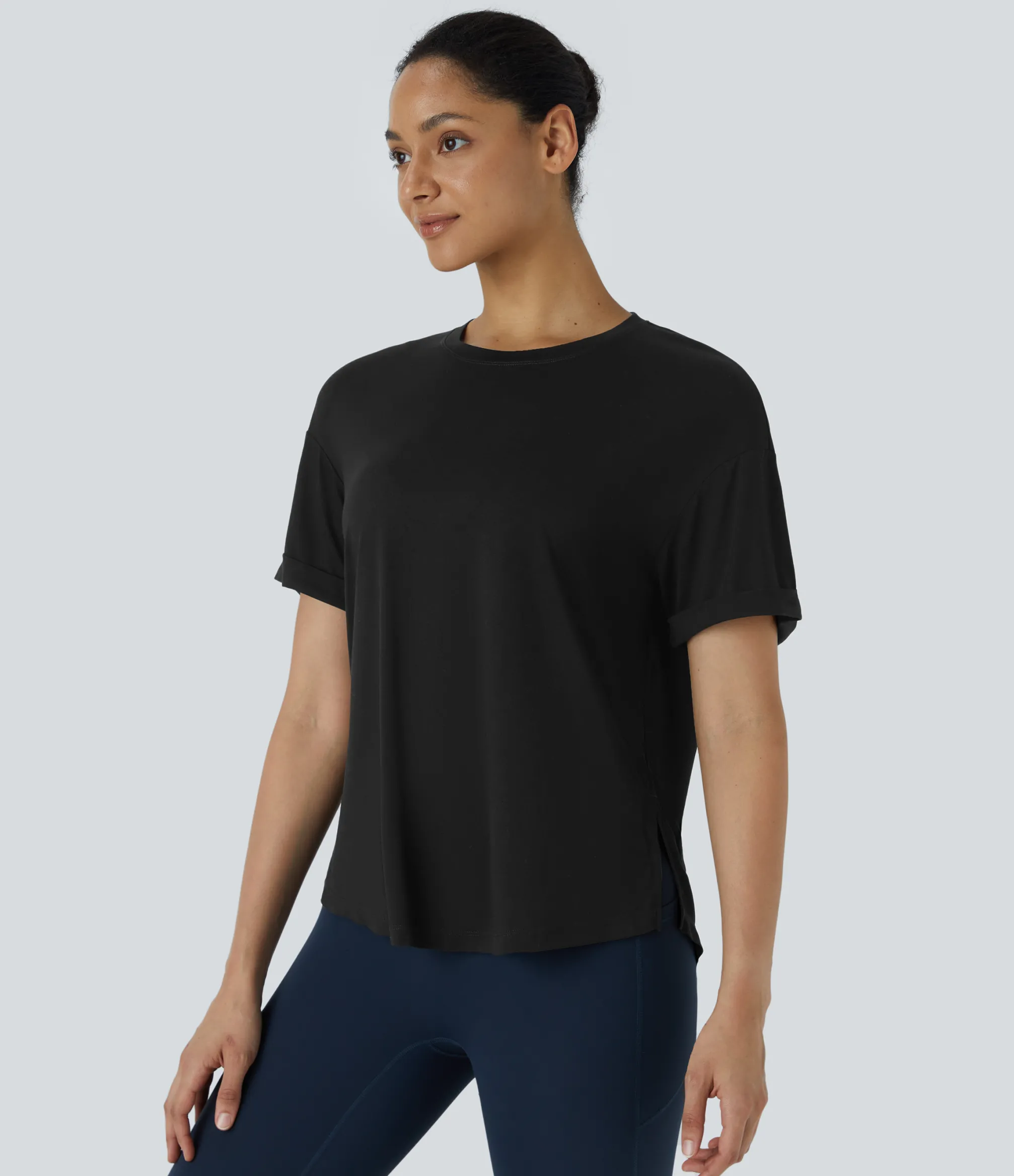 Yoga Tops|Sports Tops<HALARA Round Neck Rolled Sleeve Curved Hem Yoga Sports Top