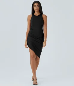 Bodycon Dresses|Wedding Dresses<HALARA Round Neck Ruched Asymmetric Hem Bodycon Mini Casual Dress