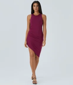 Bodycon Dresses|Wedding Dresses<HALARA Round Neck Ruched Asymmetric Hem Bodycon Mini Casual Dress