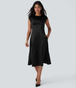 Maxi & Midi Dresses|Dresses<HALARA Round Neck Ruched Midi Satin Work Dress with Pockets