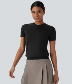 Sweaters<HALARA Round Neck Short Sleeve Basic Casual Linen-Feel Sweater