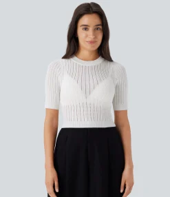 Sweaters<HALARA Round Neck Short Sleeve Cut Out Work Sweater