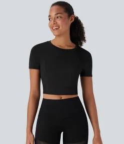 Sports Tops|Sports Tops<HALARA Round Neck Short Sleeve Contrast Mesh Cropped Yoga Sports Top
