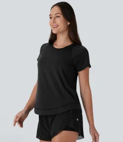 Sports Tops|Sports Tops<HALARA Round Neck Short Sleeve Curved Hem Quick Dry Running Sports Top