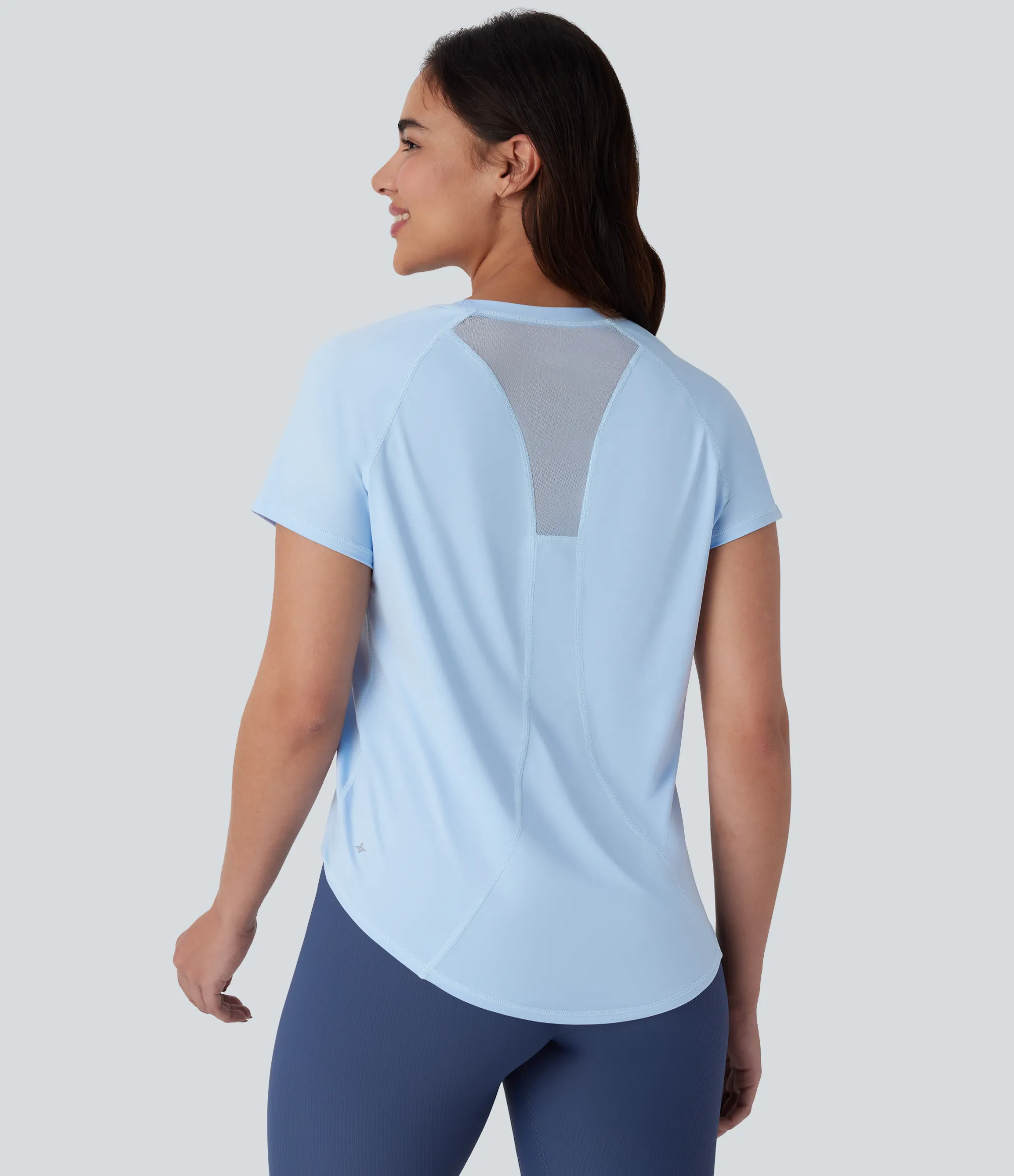 Yoga Tops|Sports Tops<HALARA Round Neck Short Sleeve Contrast Mesh Curved Hem Yoga Sports Top