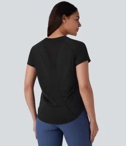 Yoga Tops|Sports Tops<HALARA Round Neck Short Sleeve Contrast Mesh Curved Hem Yoga Sports Top