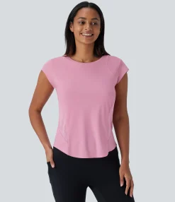 Sports Tops|Sports Tops<HALARA Round Neck Short Sleeve Curved Hem Contrast Mesh Cool Touch Quick Dry Running Sports Top