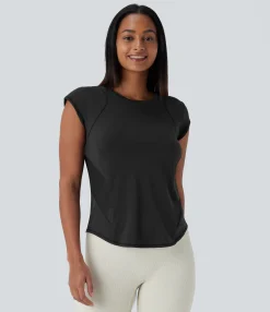 Sports Tops|Sports Tops<HALARA Round Neck Short Sleeve Curved Hem Contrast Mesh Cool Touch Quick Dry Running Sports Top