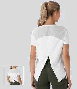 Yoga Tops|Sports Tops<HALARA Round Neck Short Sleeve Contrast Mesh Tie Back Yoga Sports Top