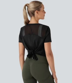 Yoga Tops|Sports Tops<HALARA Round Neck Short Sleeve Contrast Mesh Tie Back Yoga Sports Top