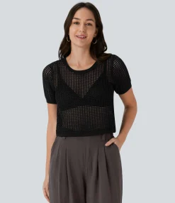 Sweaters<HALARA Round Neck Short Sleeve Cut Out Sweater