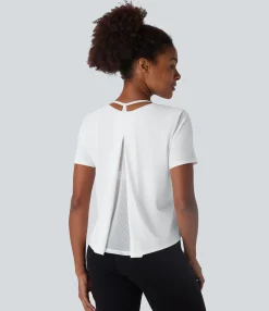 Sports Tops|Sports Tops<HALARA Round Neck Short Sleeve Contrast Mesh Yoga Sports Top
