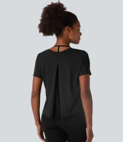 Sports Tops|Sports Tops<HALARA Round Neck Short Sleeve Contrast Mesh Yoga Sports Top
