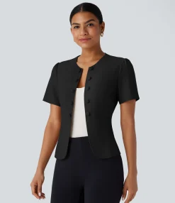 Work Tops|Jackets & Outerwear<HALARA Round Neck Short Sleeve Decorative Slim Work Linen-Feel Jacket