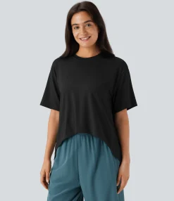 Casual Tops<HALARA Round Neck Short Sleeve High Low Asymmetric Hem Casual Top