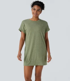Dresses|Mini Dresses<HALARA Round Neck Short Sleeve Pocket Mini Casual Dress