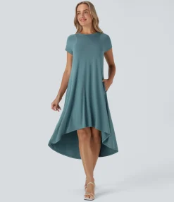 Maxi & Midi Dresses|Dresses<HALARA Round Neck Short Sleeve Pocket High Low Flowy Midi Casual Dress