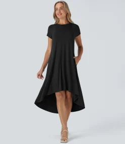 Maxi & Midi Dresses|Dresses<HALARA Round Neck Short Sleeve Pocket High Low Flowy Midi Casual Dress