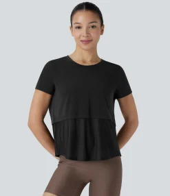 Sports Tops|Sports Tops<HALARA Round Neck Short Sleeve Patchwork Quick Dry Running Sports Top