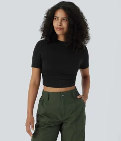 Casual Tops|T-Shirts<HALARA Round Neck Short Sleeve Ruched Skinny Cropped Casual T-Shirt